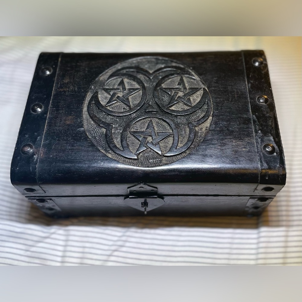 Three of Pentacles Pagan Altar Wood Box for trinkets, jewelry, money, etc..